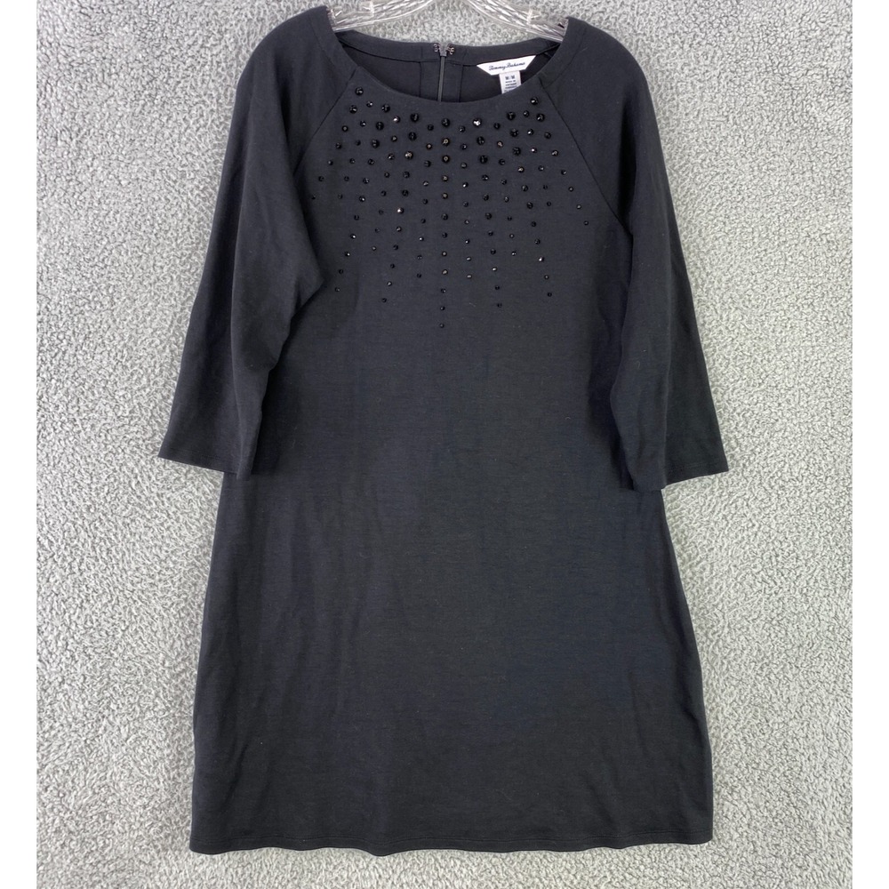 Tommy Bahama Dress Womens M Black Knit Beaded Neckline Soft Ponte Stretch Zipper